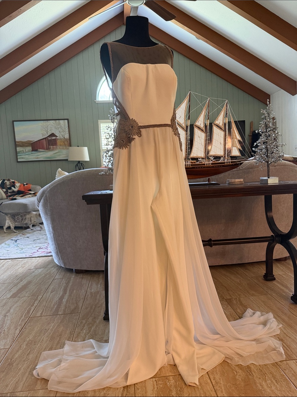 GEMY MAALOUF star’s favorite designer Ivory Chiffon backless Pantsuit w/train